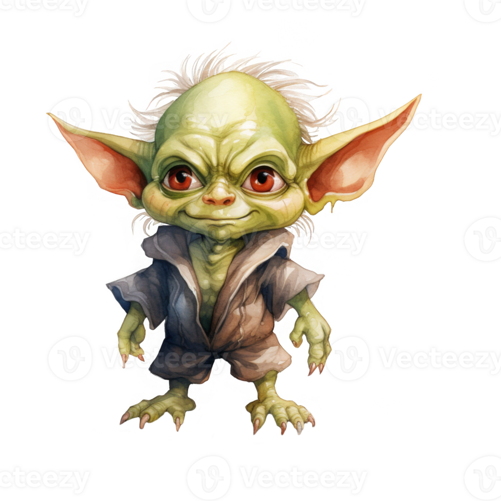 A whimsical watercolor painting of a young Yoda-like creature. png