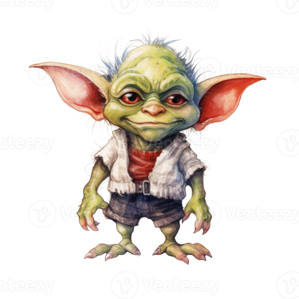 A whimsical illustration of a green-skinned goblin-like creature with large ears and unruly hair. png