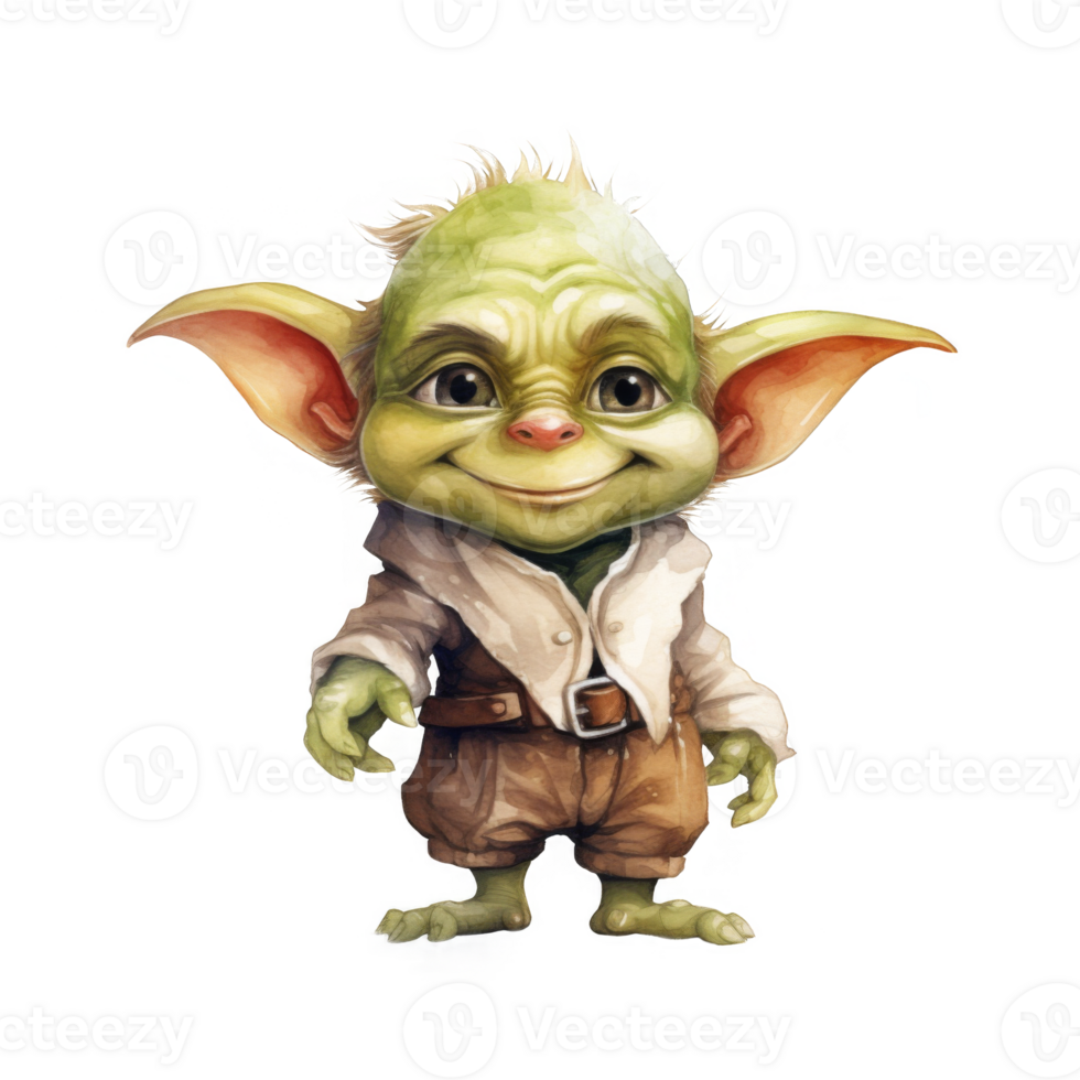 Adorable Green-Skinned Elf-Like Creature in Rustic Clothing png