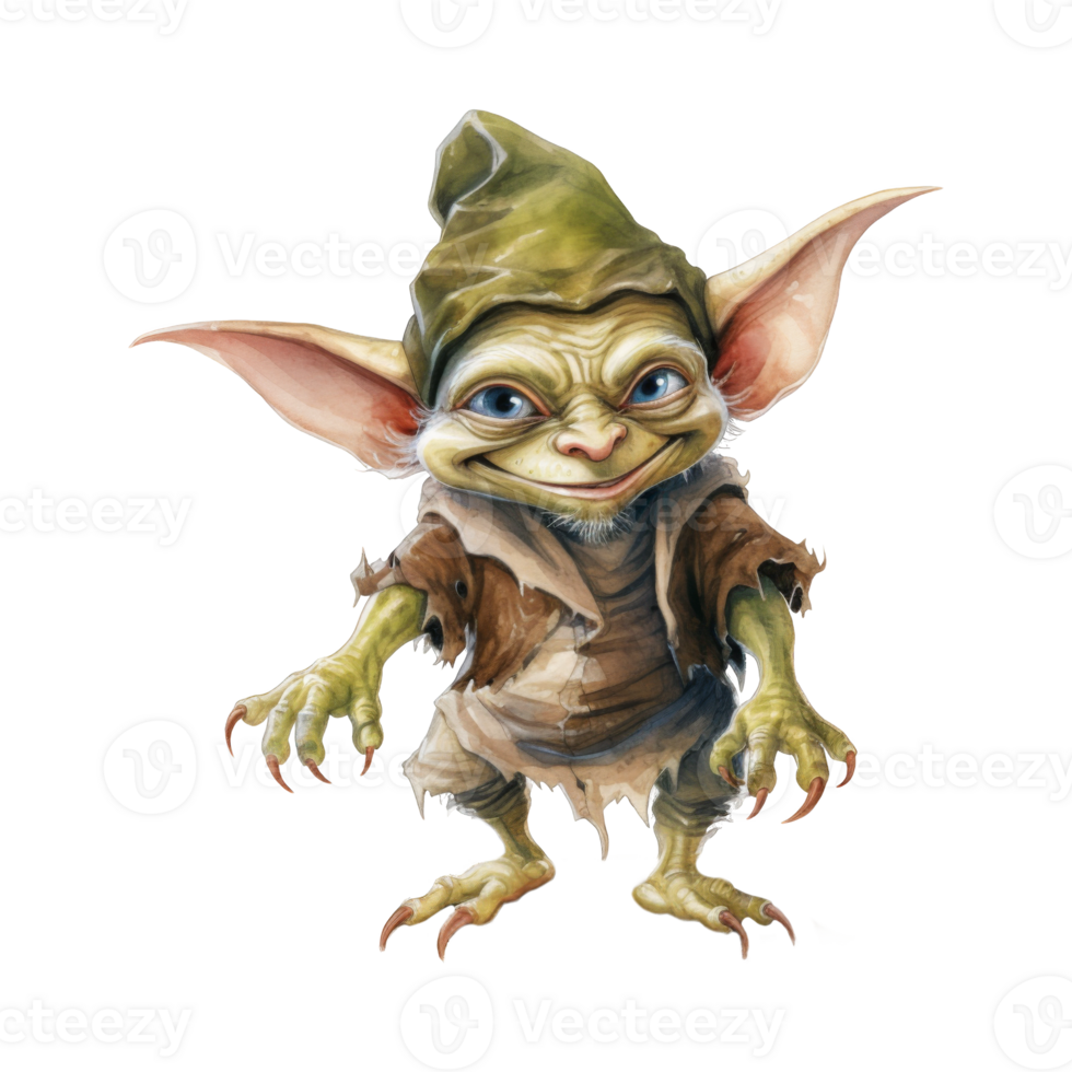 A mischievous, smiling goblin creature with large ears and sharp claws. png