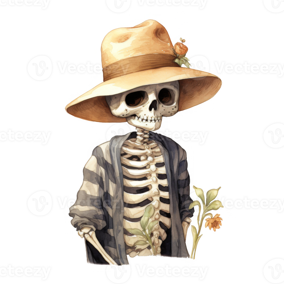 Watercolor painting of a skeleton wearing a hat and cardigan, holding flowers. png