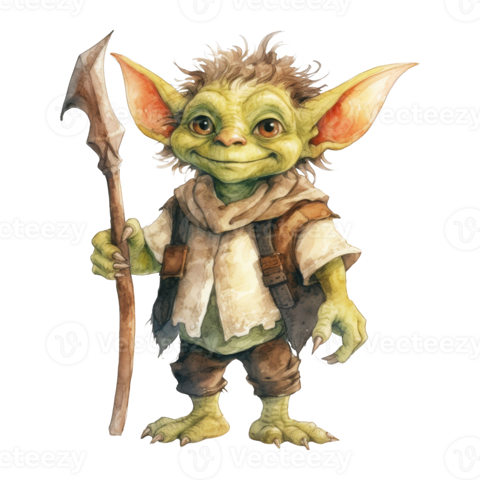 A whimsical, green goblin-like creature holding a spear, watercolor painting. png