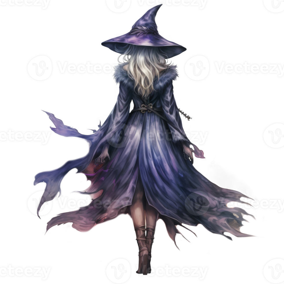 A sorceress with long silver hair, wearing a purple robe and pointed hat, walks away. png