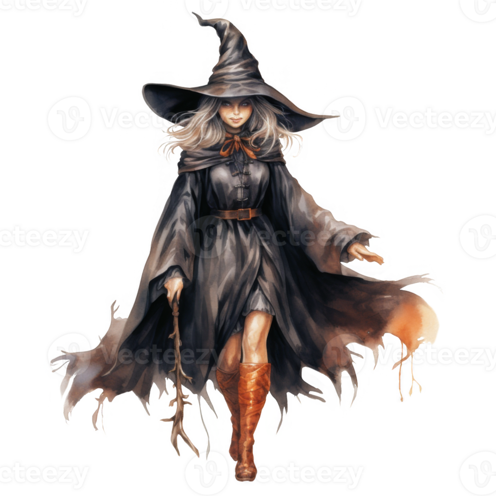 Enchanting Fairytale Witch with Pointed Hat and Staff, Walking Forward png