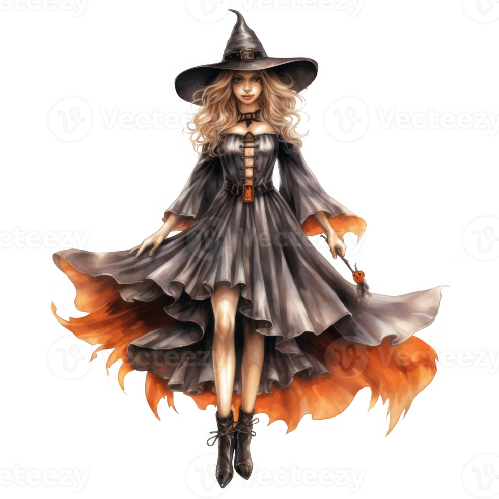 Elegant Witch with Blonde Hair in Flowing Gray and Orange Gown png