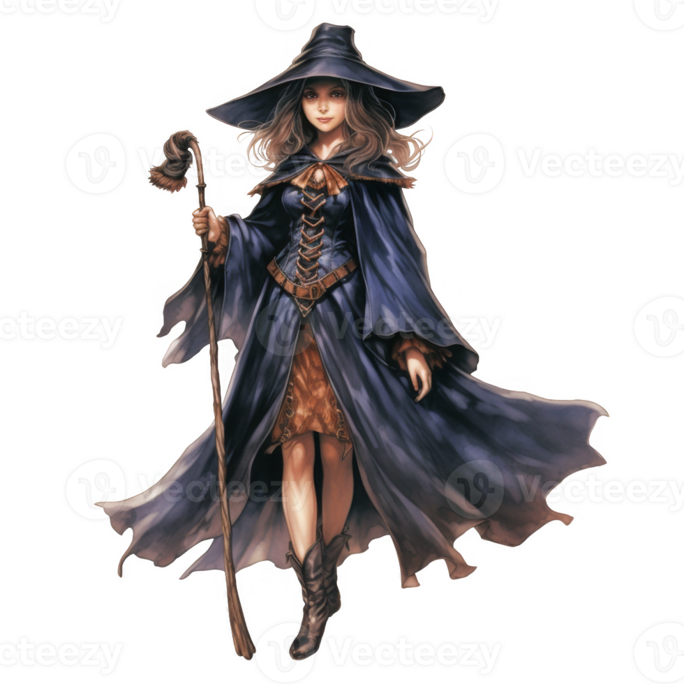 Young Witch with Wide-Brimmed Hat and Staff, Fantasy Artwork png
