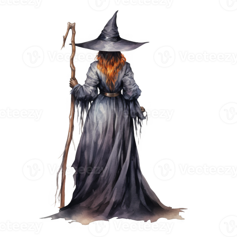 A Watercolor Painting of a Witch from Behind, Holding a Staff png