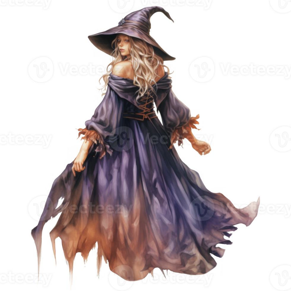 Enchanting Blonde Witch in Flowing Purple Gown and Pointed Hat png