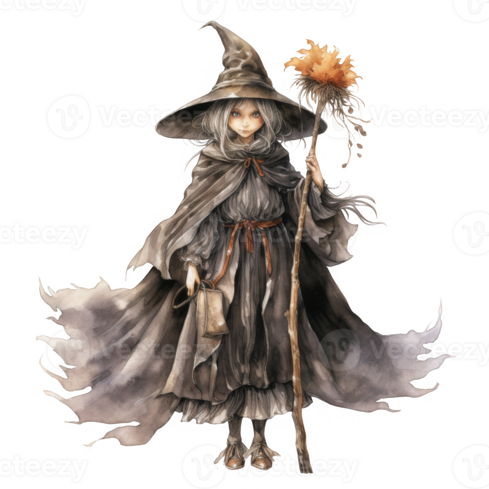 Young Witch with Pointed Hat, Grey Cloak, and Walking Stick png