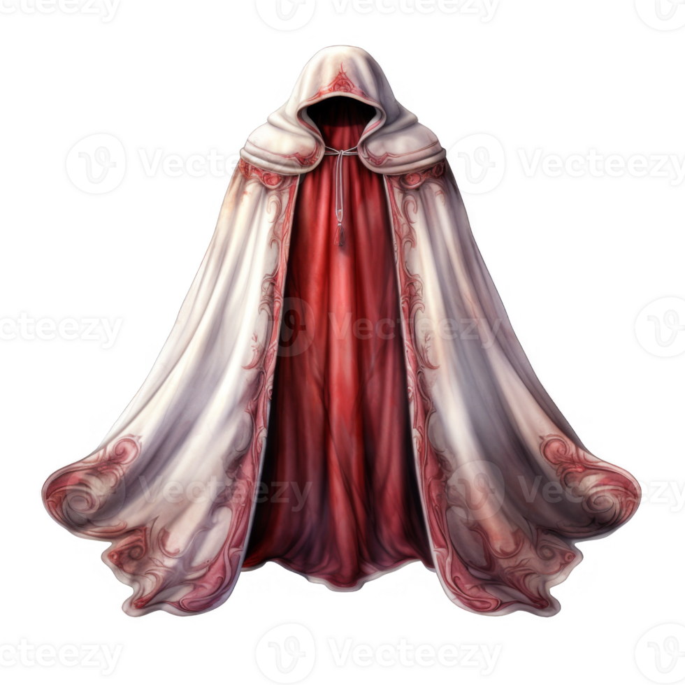 Hooded Cloak with Intricate Red and White Design, Elegant Fantasy Garment png