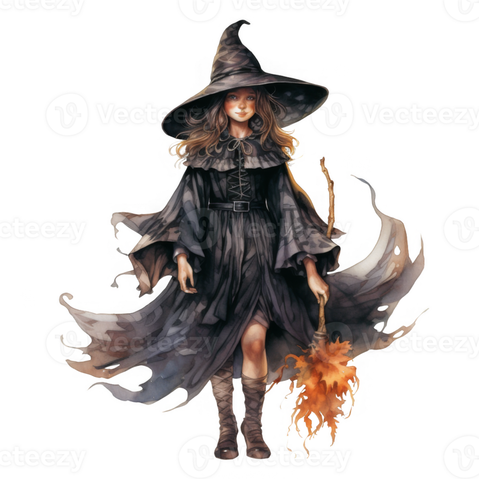 Young Witch in Dark Robe and Pointed Hat Holding a Broomstick png