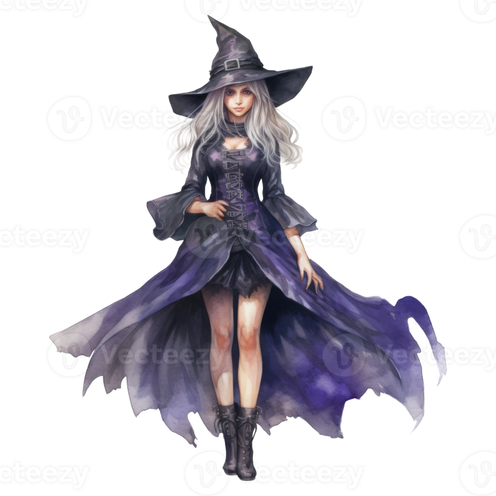 Elegant Fairytale Witch in a Flowing Purple Gown and Pointed Hat png
