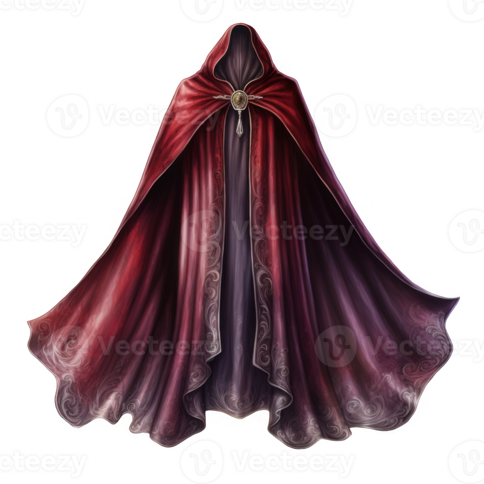 Ornate Red Hooded Cloak with Intricate Silver Filigree Detailing png