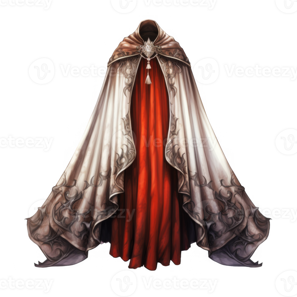 Ornate Hooded Cloak with Red Lining and Silver Pendant png