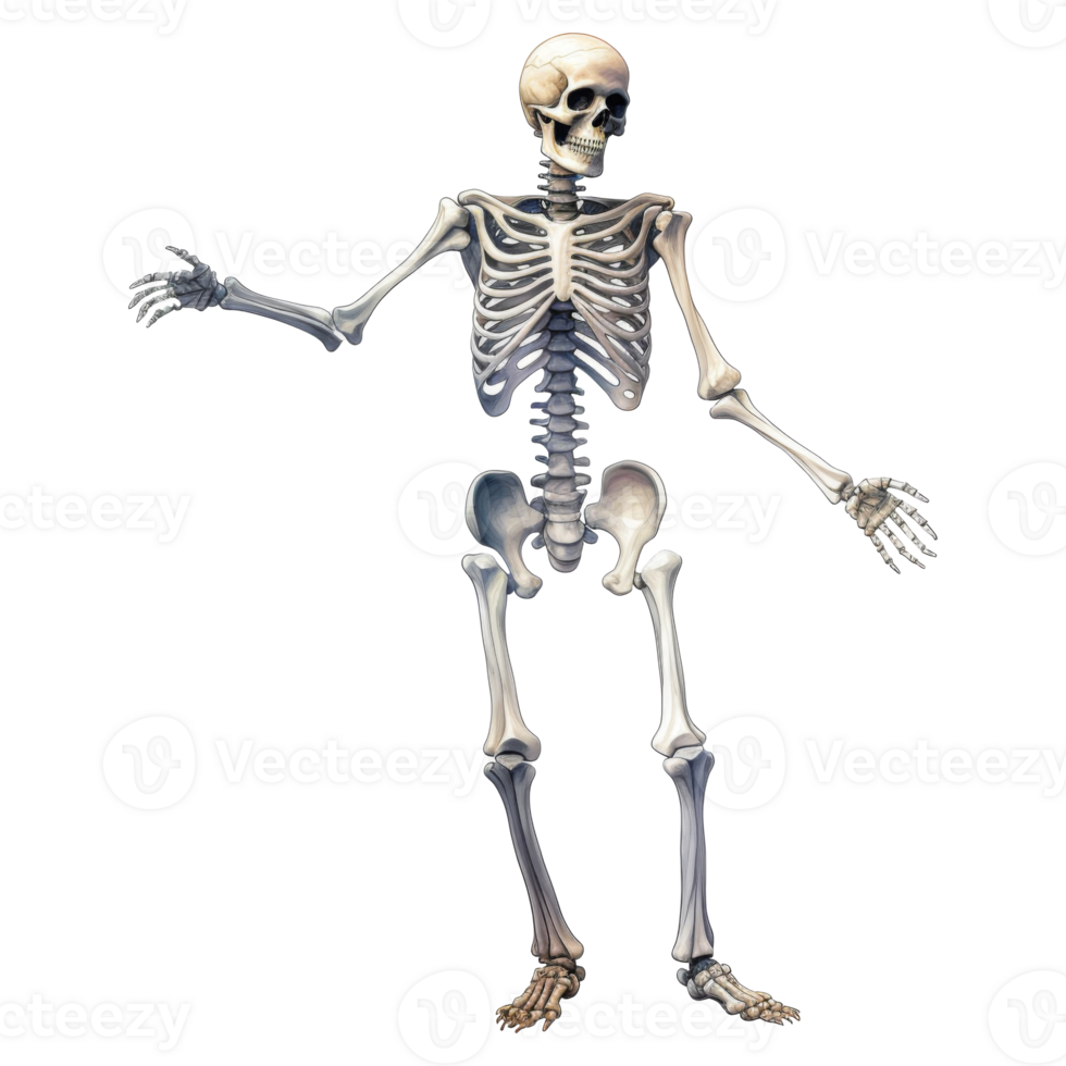 Detailed anatomical illustration of a complete human skeleton in a relaxed pose. png