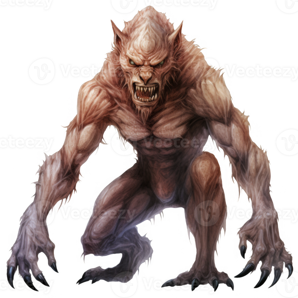 A menacing, muscular, light-brown werewolf-like creature crouches, claws extended. png