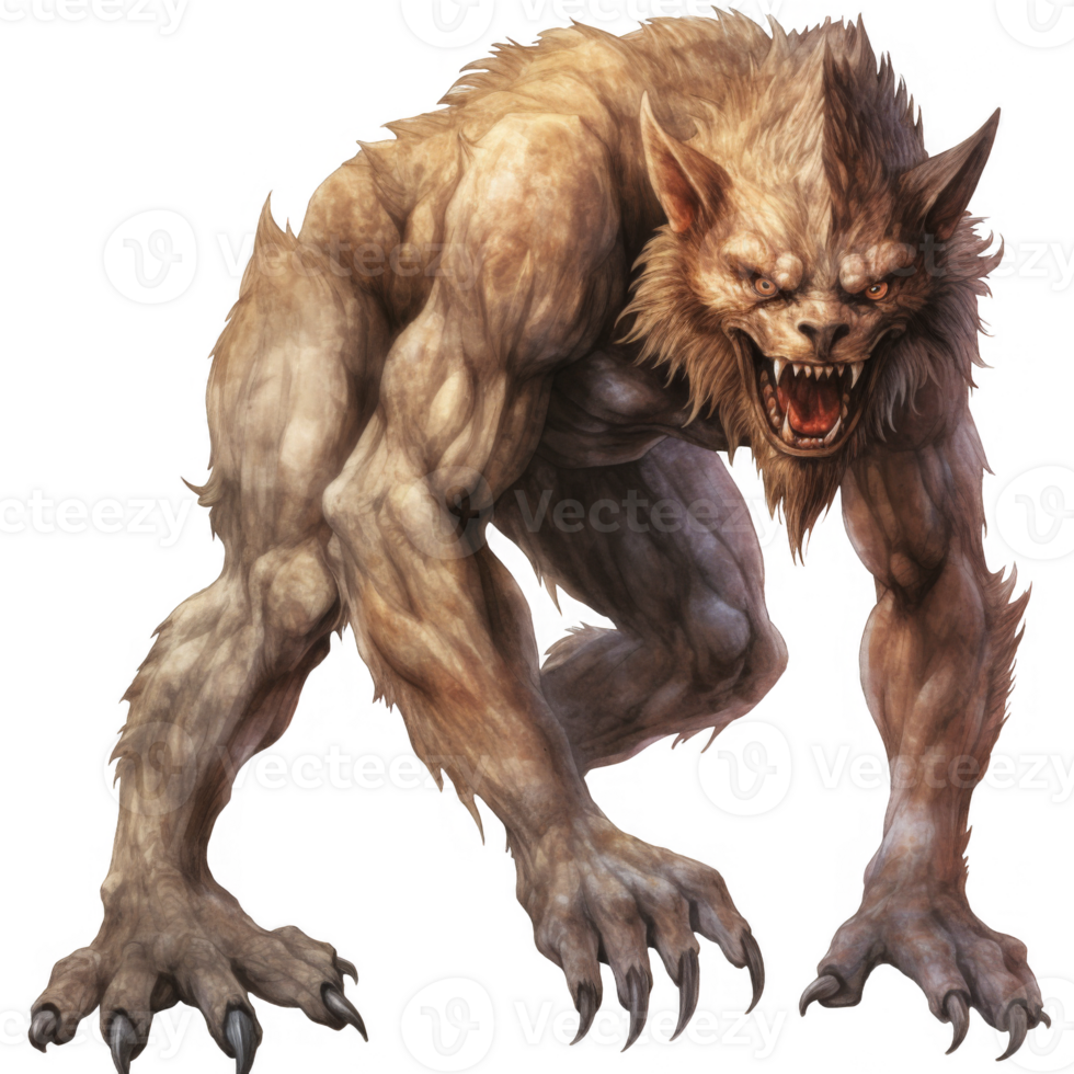 Powerful Anthropomorphic Werewolf, Light Brown Fur, Bared Teeth, Crouching Posture png