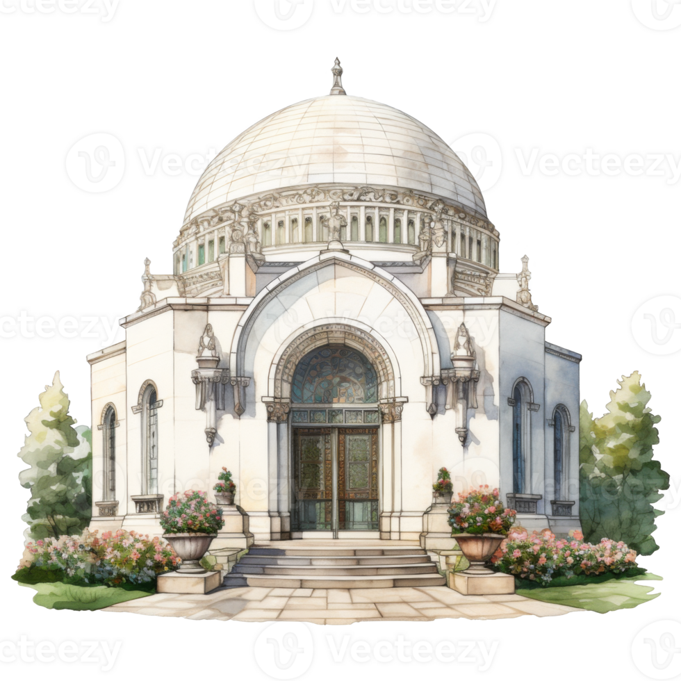 Watercolor rendering of an ornate, domed mausoleum, situated amidst greenery. png