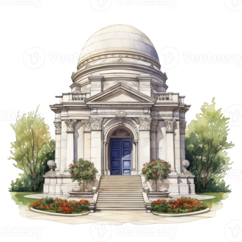 Neoclassical Style Mausoleum with a Dome, Steps, and Blue Door png