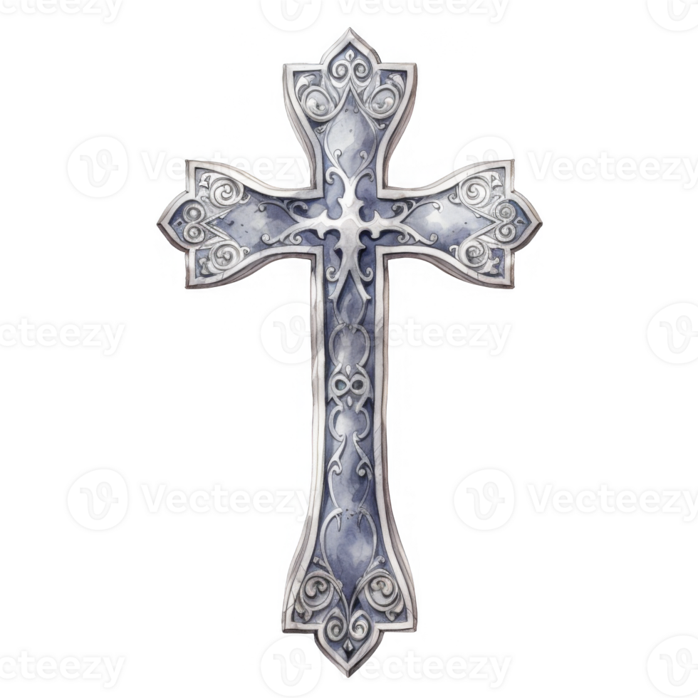 Ornate Silver and Blue Cross with Intricate Floral Designs png