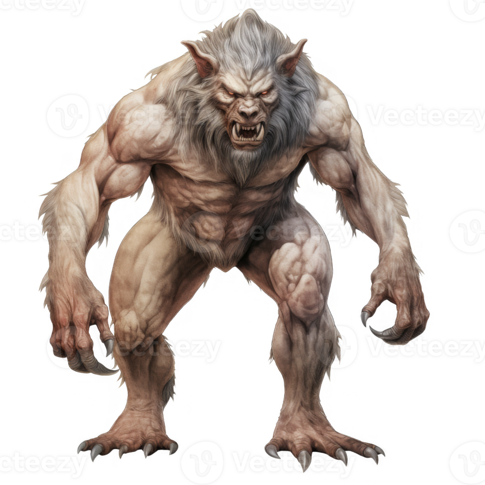 Powerful, Anthropomorphic Werewolf with Grey Fur and Sharp Claws png