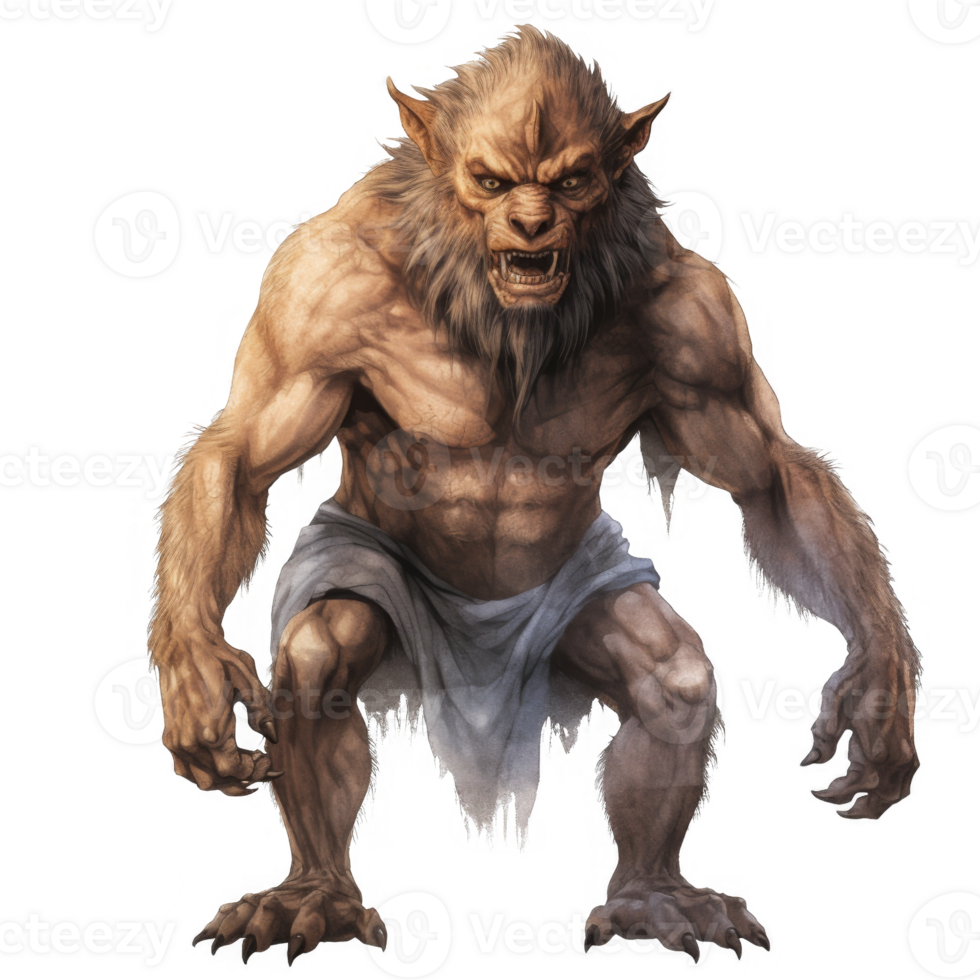 Powerful, Muscular Anthropomorphic Werewolf in a Crouching Pose png