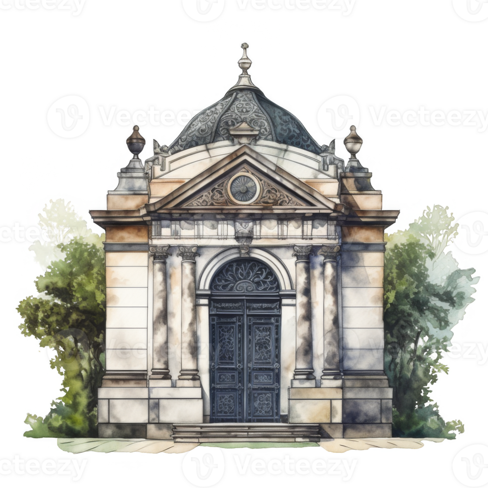 Elegant Watercolor Painting of a Classical Mausoleum, Surrounded by Greenery png