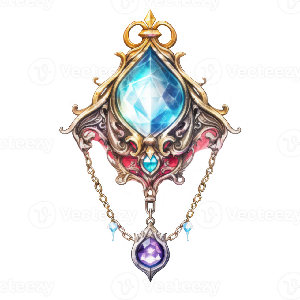 Ornate Gilded Jewel Pendant with Large Blue and Purple Gemstones png