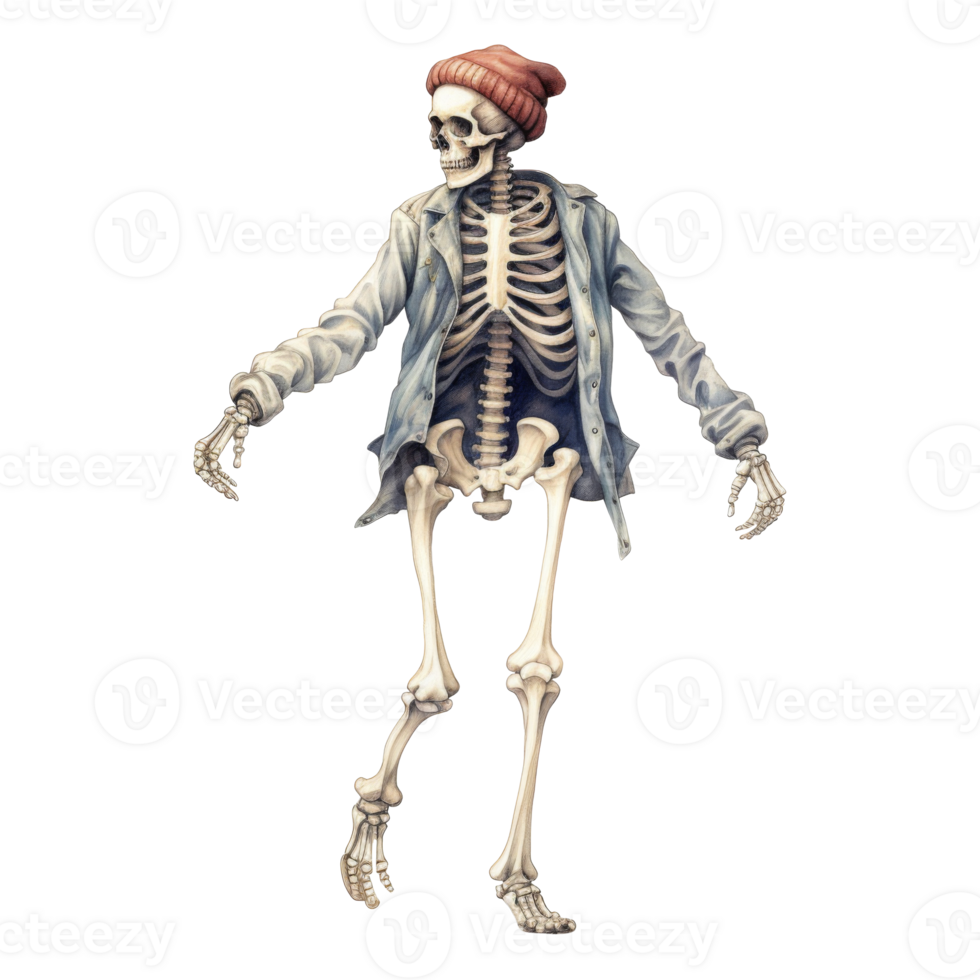 Stylish Skeleton in a Denim Jacket and Knit Beanie Walking Casually png