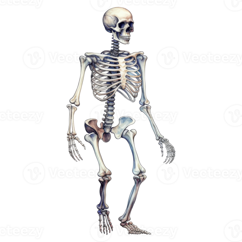 Detailed Watercolor Rendering of a Complete Primate Skeleton in Anatomical Pose png