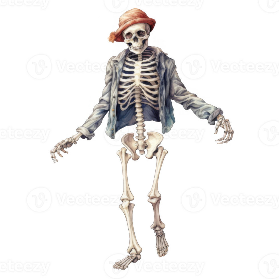 A stylish skeleton wearing a denim jacket and a red beanie. png