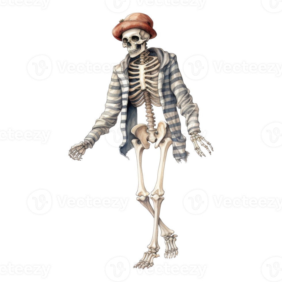 Dapper Skeleton in Striped Shirt and Red Hat, Walking png