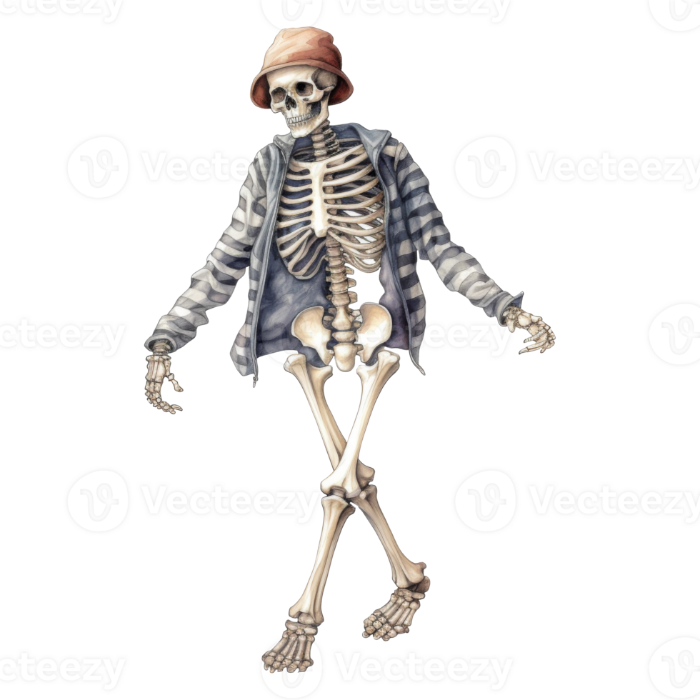 A stylish skeleton in a striped jacket and bucket hat, casually striding. png