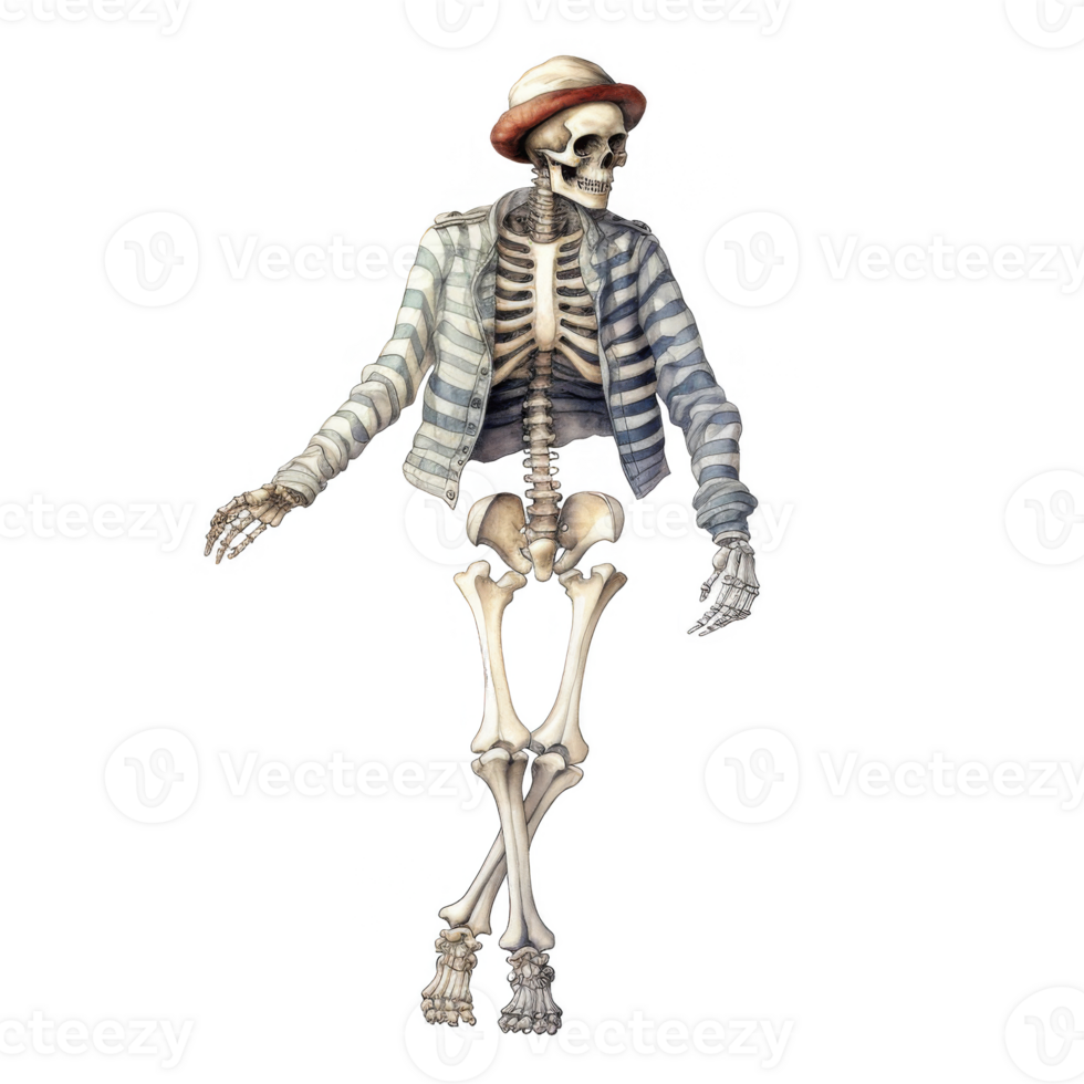 A stylish skeleton in a striped jacket and hat, posed casually. png