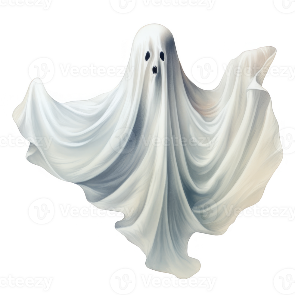 A spectral white ghost figure, ethereal and flowing, floats in the darkness. png