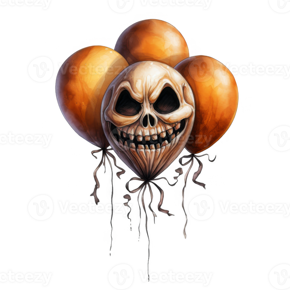 Menacing Skull Face Adorned with Three Orange Balloons and Ribbons png
