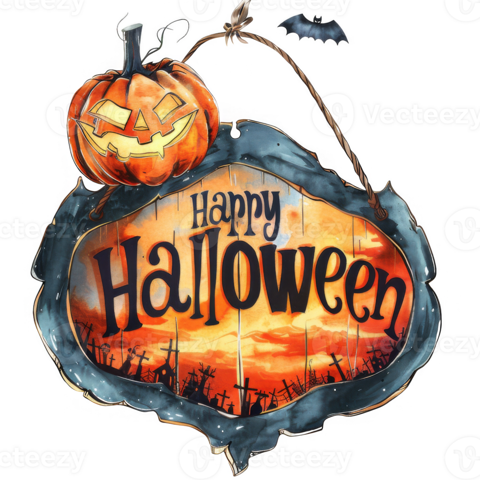 Halloween Hanging Sign with Jack-o'-lantern and Cemetery Sunset Scene png