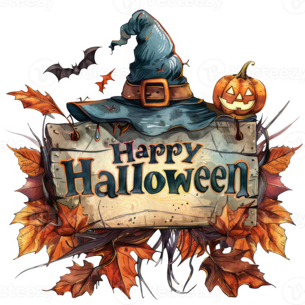 Halloween Hanging Sign with Jack-o'-lantern and Cemetery Sunset Scene png