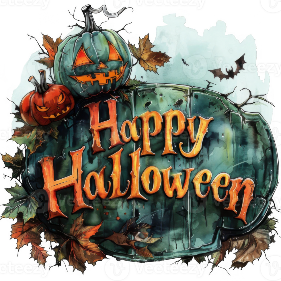Halloween Hanging Sign with Jack-o'-lantern and Cemetery Sunset Scene png
