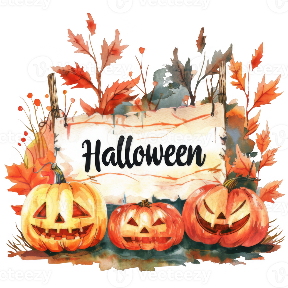 Watercolor Halloween Pumpkins with Autumn Leaves and Banner png