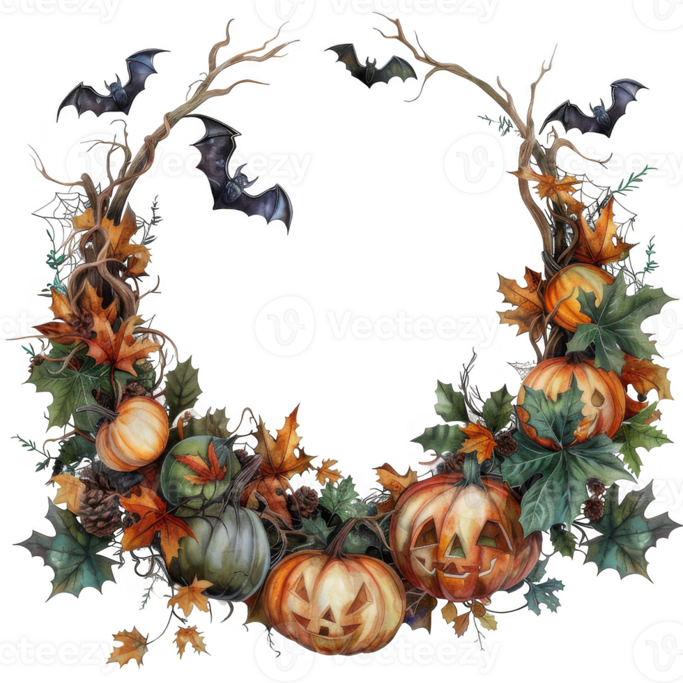 Halloween Wreath with Pumpkins, Bats, and Autumn Leaves png