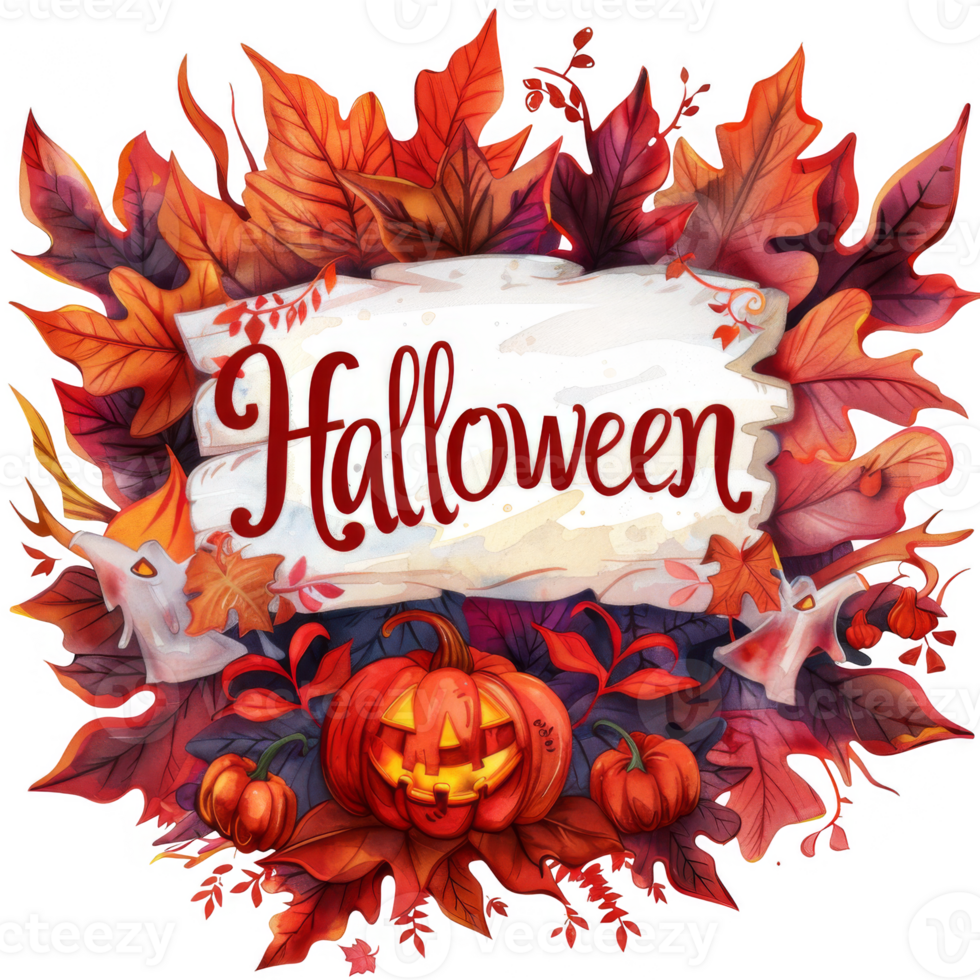 Watercolor Halloween Pumpkins with Autumn Leaves and Banner png