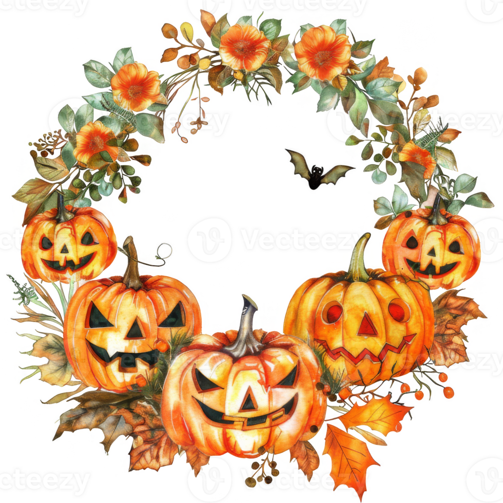 Halloween Jack-o'-lantern Wreath with Autumn Leaves and Black Bow png