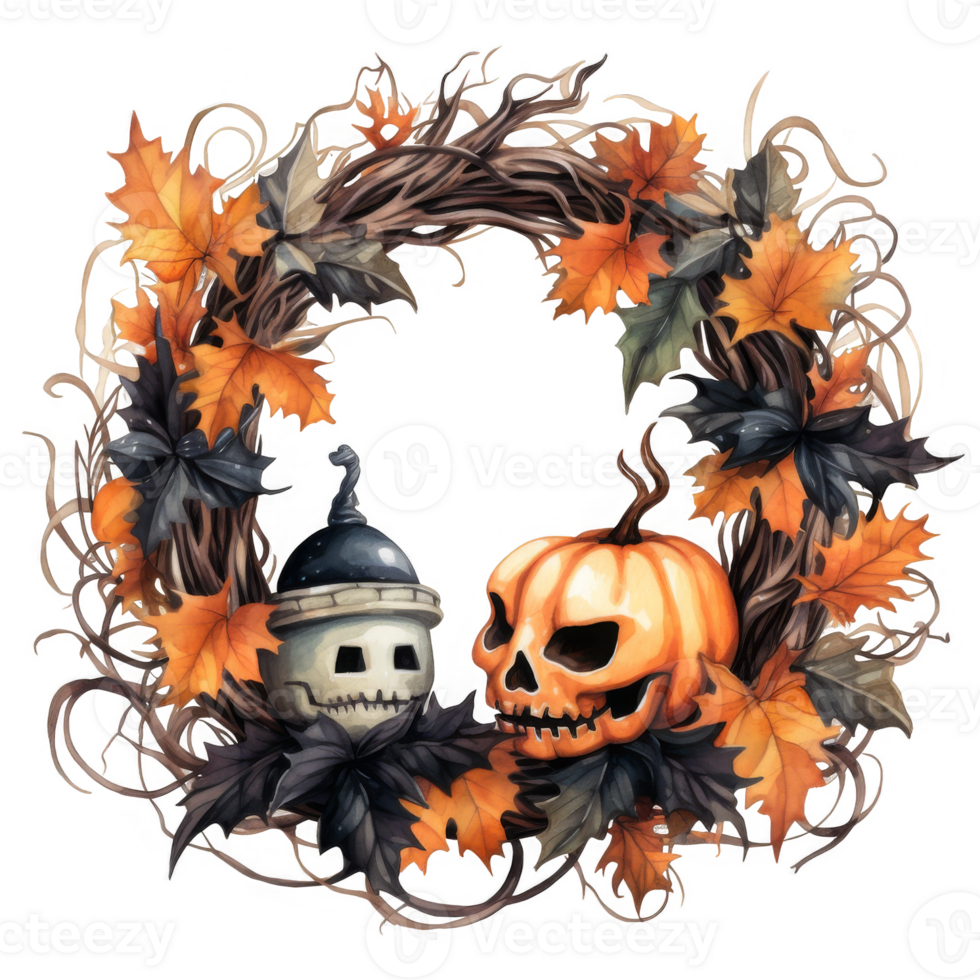 Halloween Jack-o'-lantern Wreath with Autumn Leaves and Black Bow png