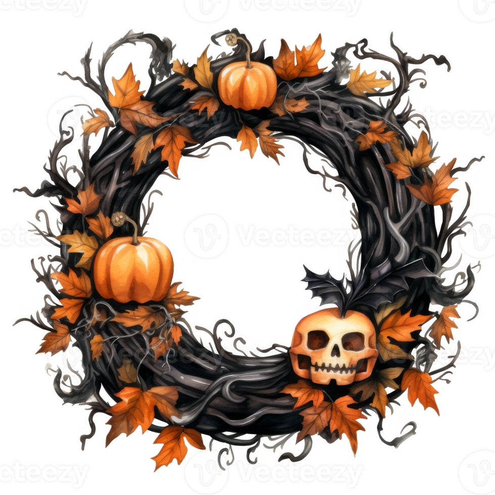 Gothic Wreath Featuring Two Skulls Adorned with Autumnal Leaves and Flowers png