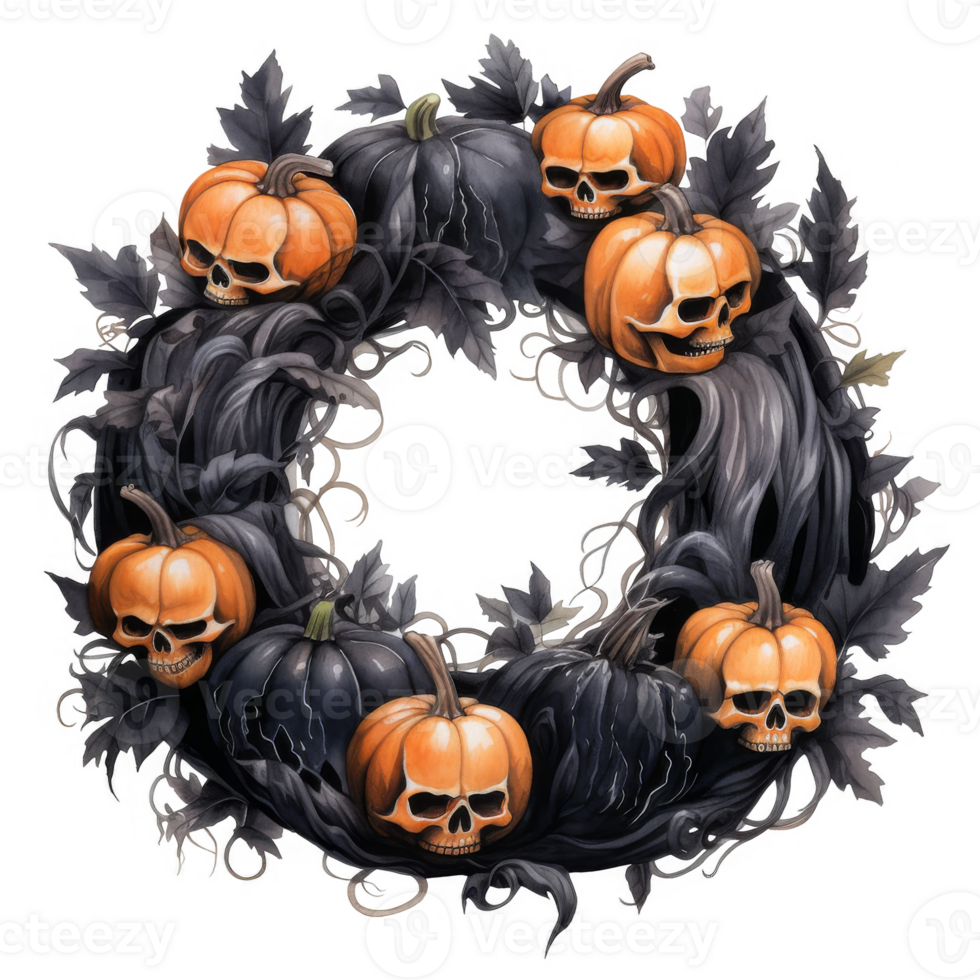 Halloween Wreath with Pumpkins, Bats, and Autumn Leaves png