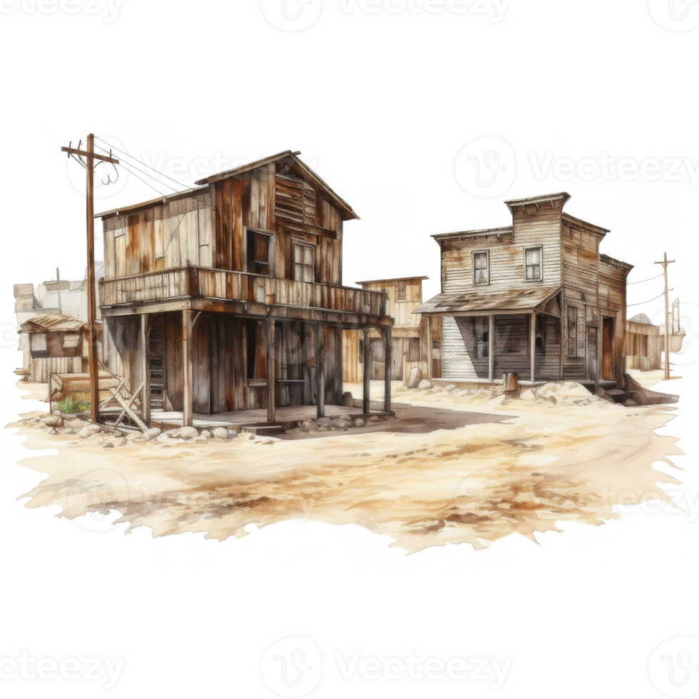 Rustic Western Town Two Aged Wooden Buildings in a Desolate Desert Setting png