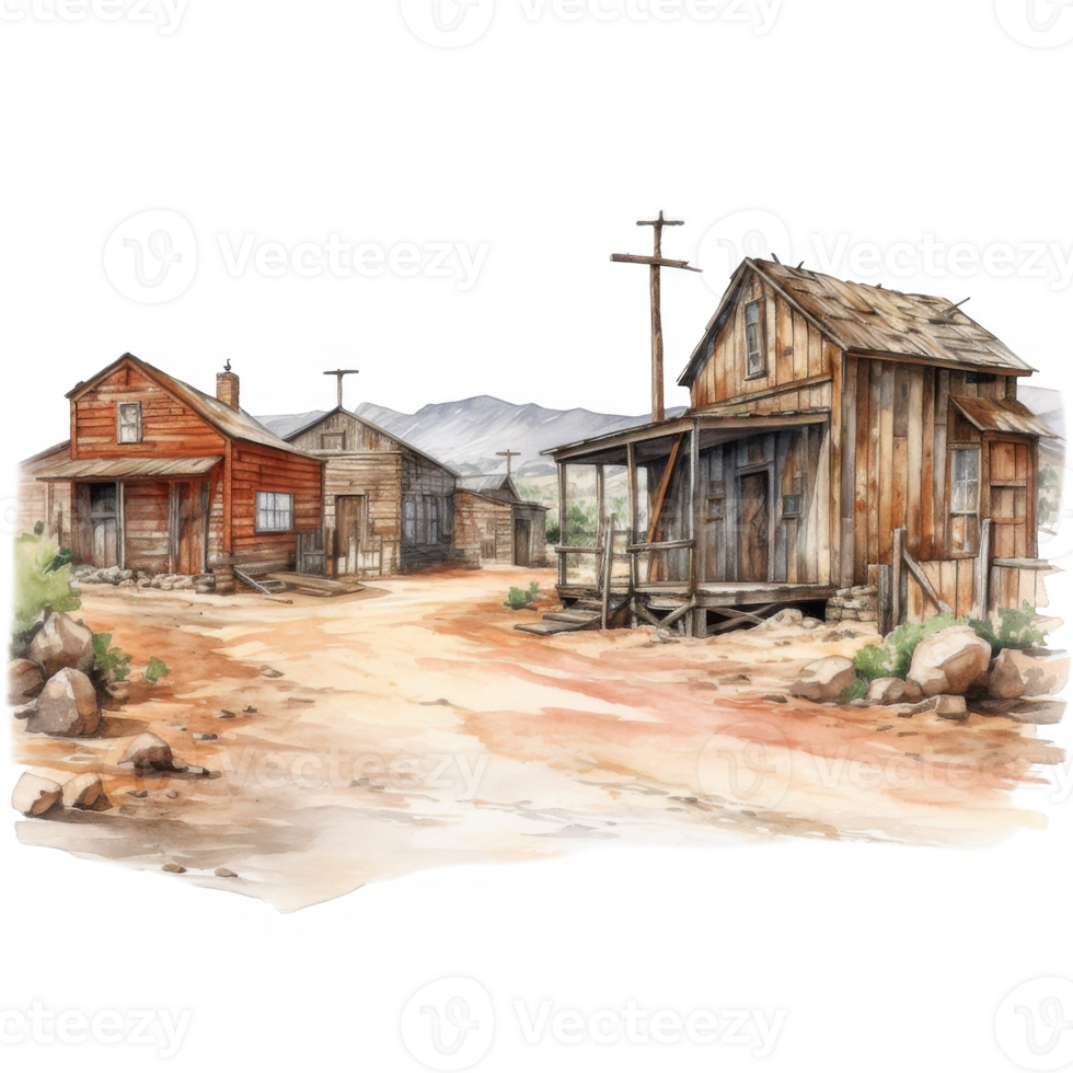 Watercolor Painting of Old, Rustic Western Buildings in a Desolate Landscape png