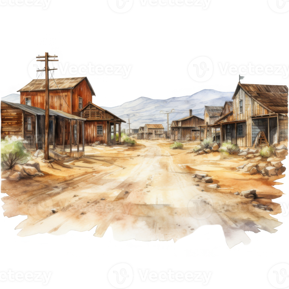 Deserted Western Town Street Scene Rustic Wooden Buildings and Dusty Road png