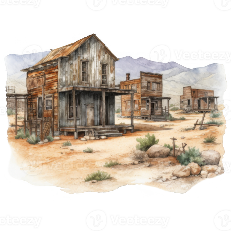 Deserted Western Town Aging Wooden Buildings in Arid Landscape png